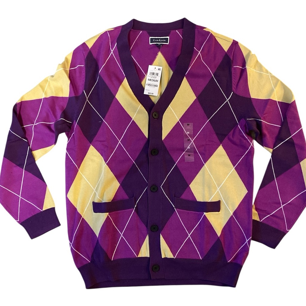 Club Room Purple and Yellow Long Sleeve Button Down Argyle Sweater with Pockets